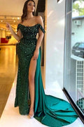 Beautiful Column Satin Off-The-Shoulder Sleeveless Green Prom Dresses With Split Front by misshow.com