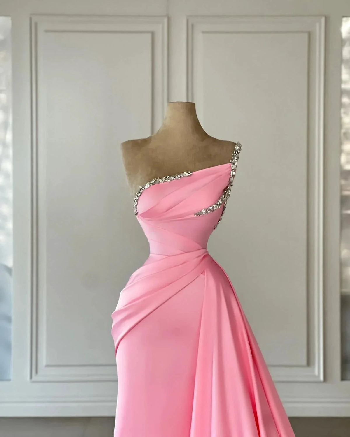 Beautiful Column Satin Strapless Sleeveless Pink Prom Dress With Rhinestone by misshow.com