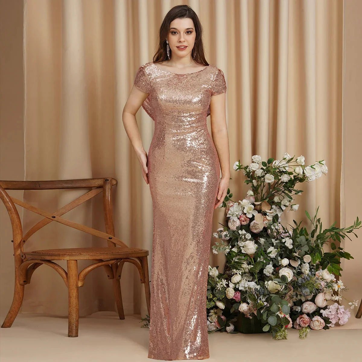 Beautiful Column Scoop Short Sleeve Sequined Prom Dresses by misshow.com