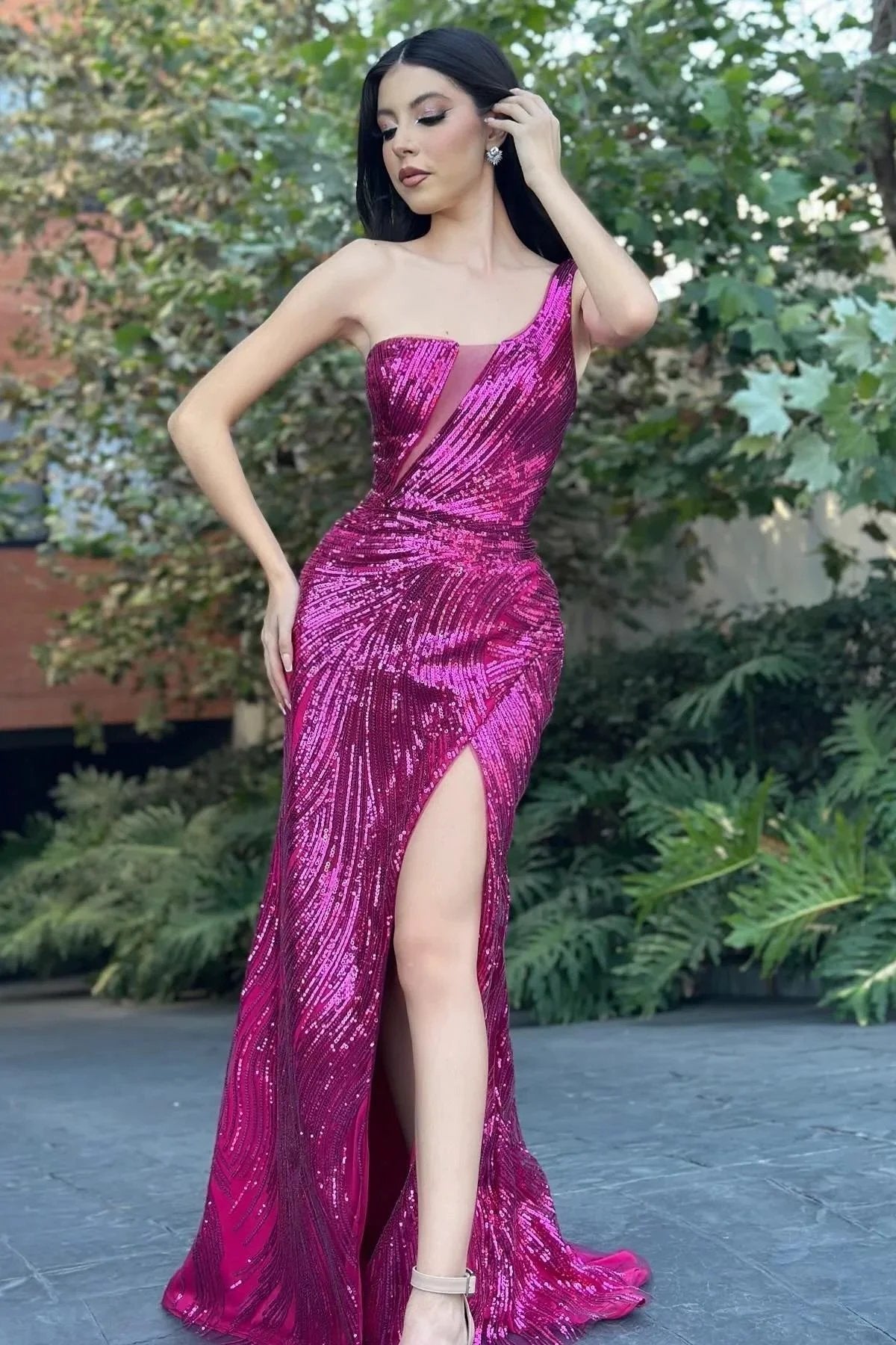 Beautiful Column Tulle Sequined One Shoulder Sleeveless Prom Dress With Split Front by misshow.com