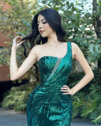 Beautiful Column Tulle Sequined One Shoulder Sleeveless Prom Dress With Split Front by misshow.com