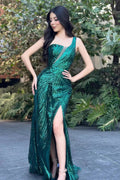 Beautiful Column Tulle Sequined One Shoulder Sleeveless Prom Dress With Split Front by misshow.com