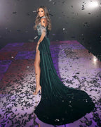 Beautiful Dark Green Mermaid High Neck Prom Dress With Slit by misshow.com