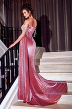 Beautiful Dusty Rose Off-the-shoulder Glitter Mermaid Prom Dress With Slit by misshow.com