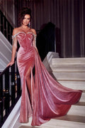 Beautiful Dusty Rose Off-the-shoulder Glitter Mermaid Prom Dress With Slit by misshow.com