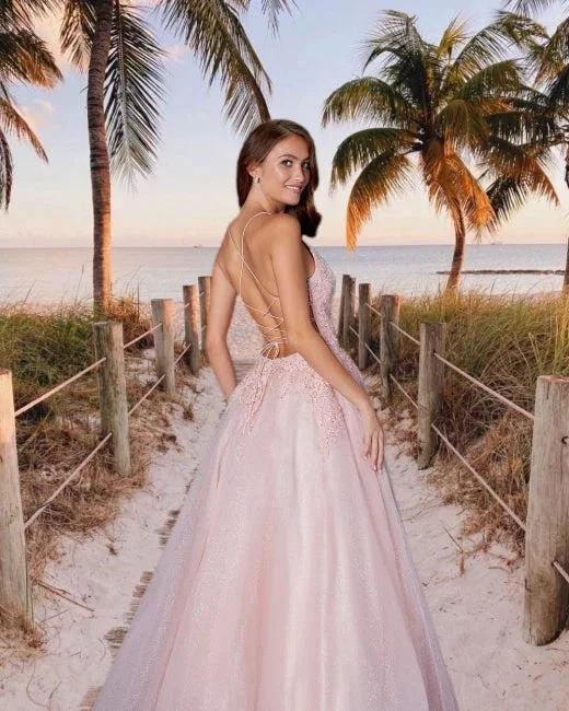 Beautiful evening dress long pink Prom dresses with lace by misshow.com