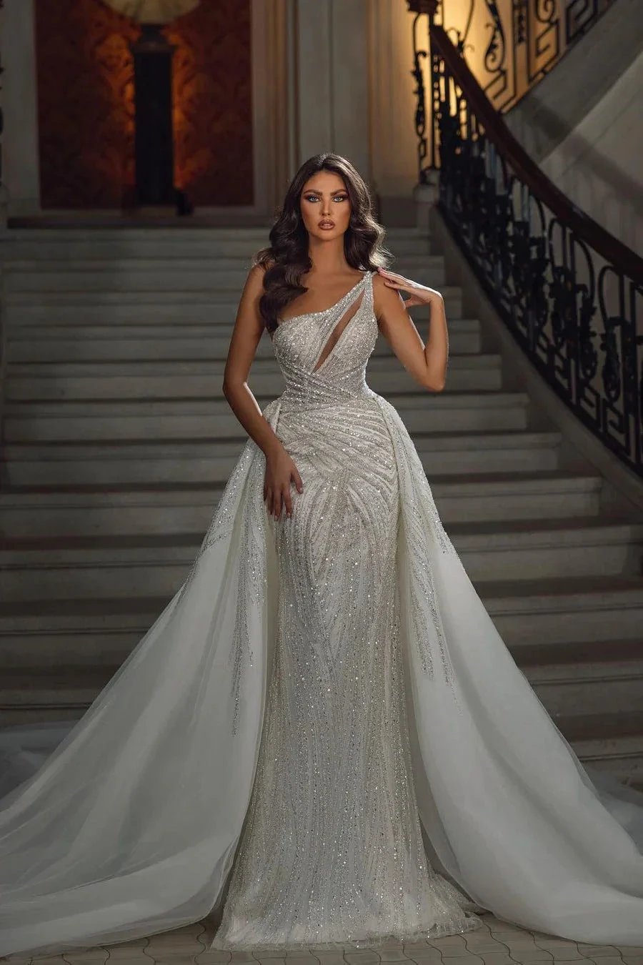 Beautiful Floor Length Sleeveless Mermaid Sequined Wedding Dress with Lace by misshow.com