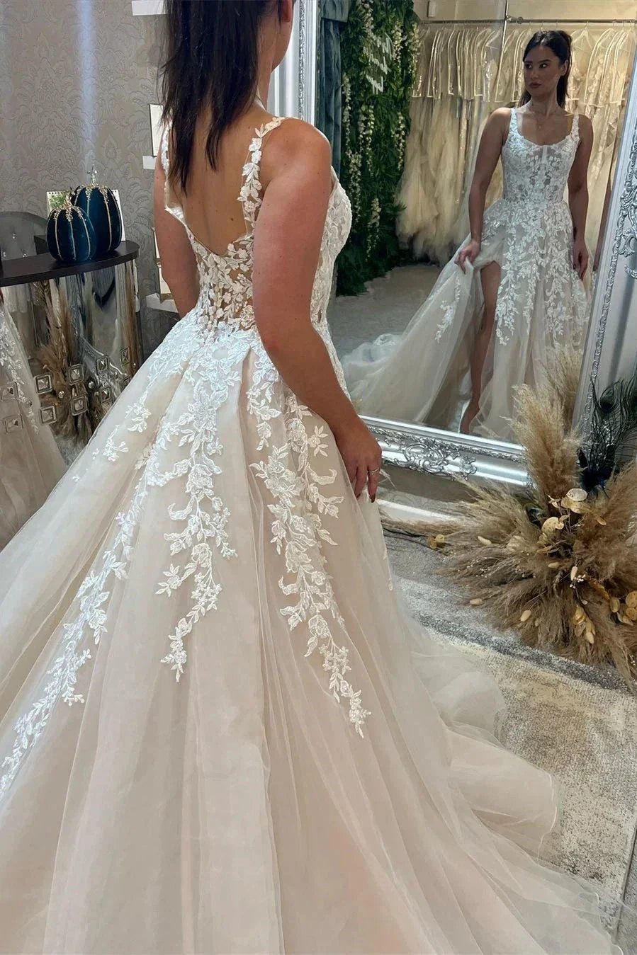 Beautiful Floor Length Sleeveless Straps A-Line Lace Wedding Dress with Split by misshow.com