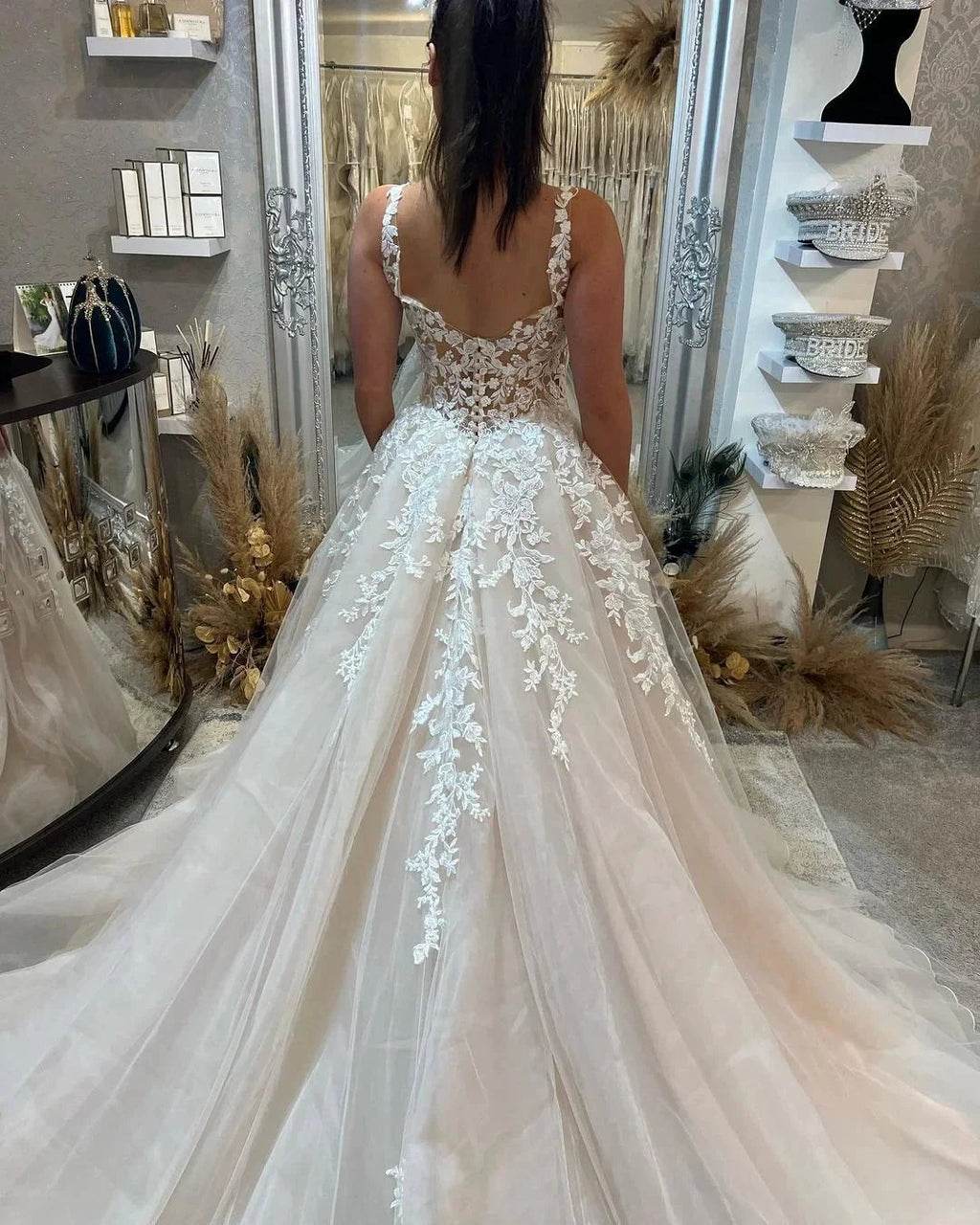 Beautiful Floor Length Sleeveless Straps A-Line Lace Wedding Dress with Split by misshow.com