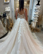 Beautiful Floor Length Sleeveless Straps A-Line Lace Wedding Dress with Split by misshow.com