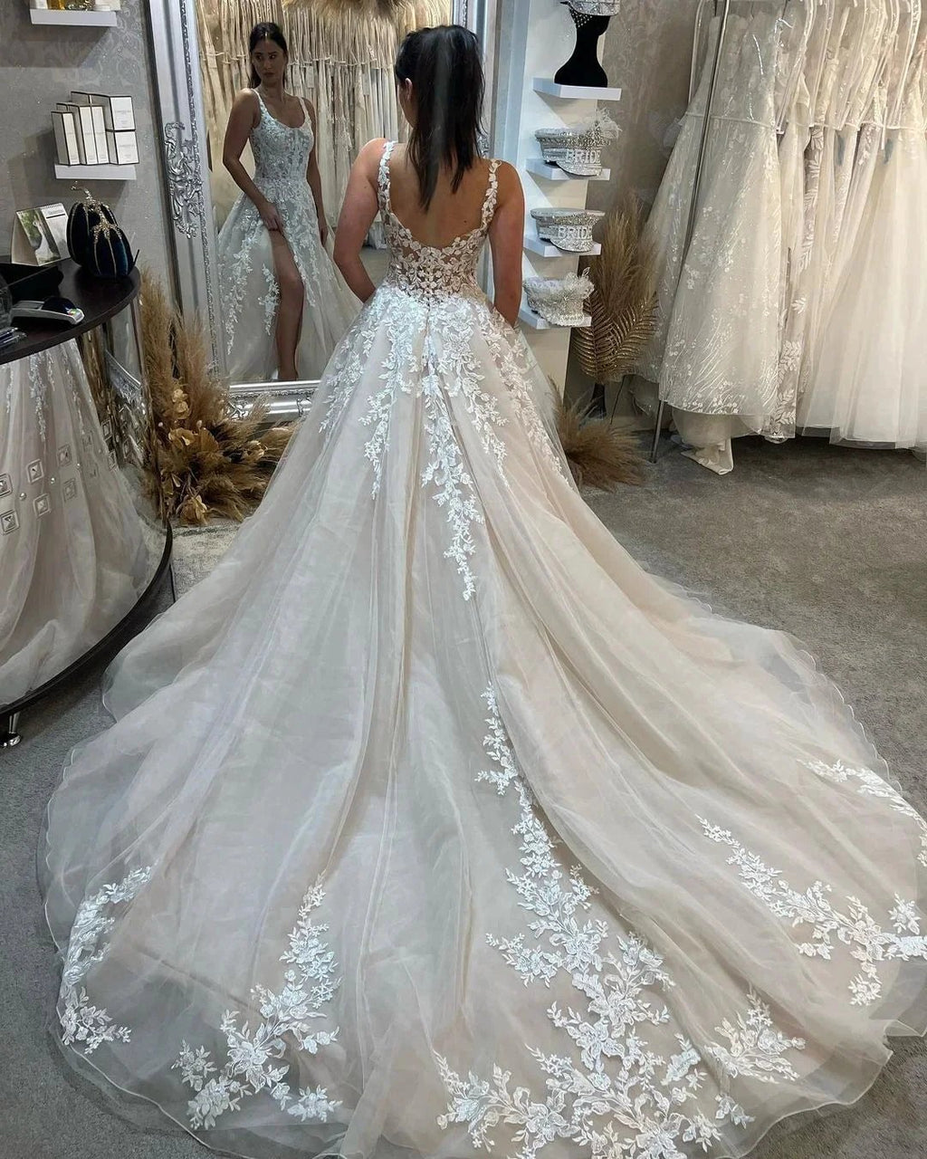 Beautiful Floor Length Sleeveless Straps A-Line Lace Wedding Dress with Split by misshow.com