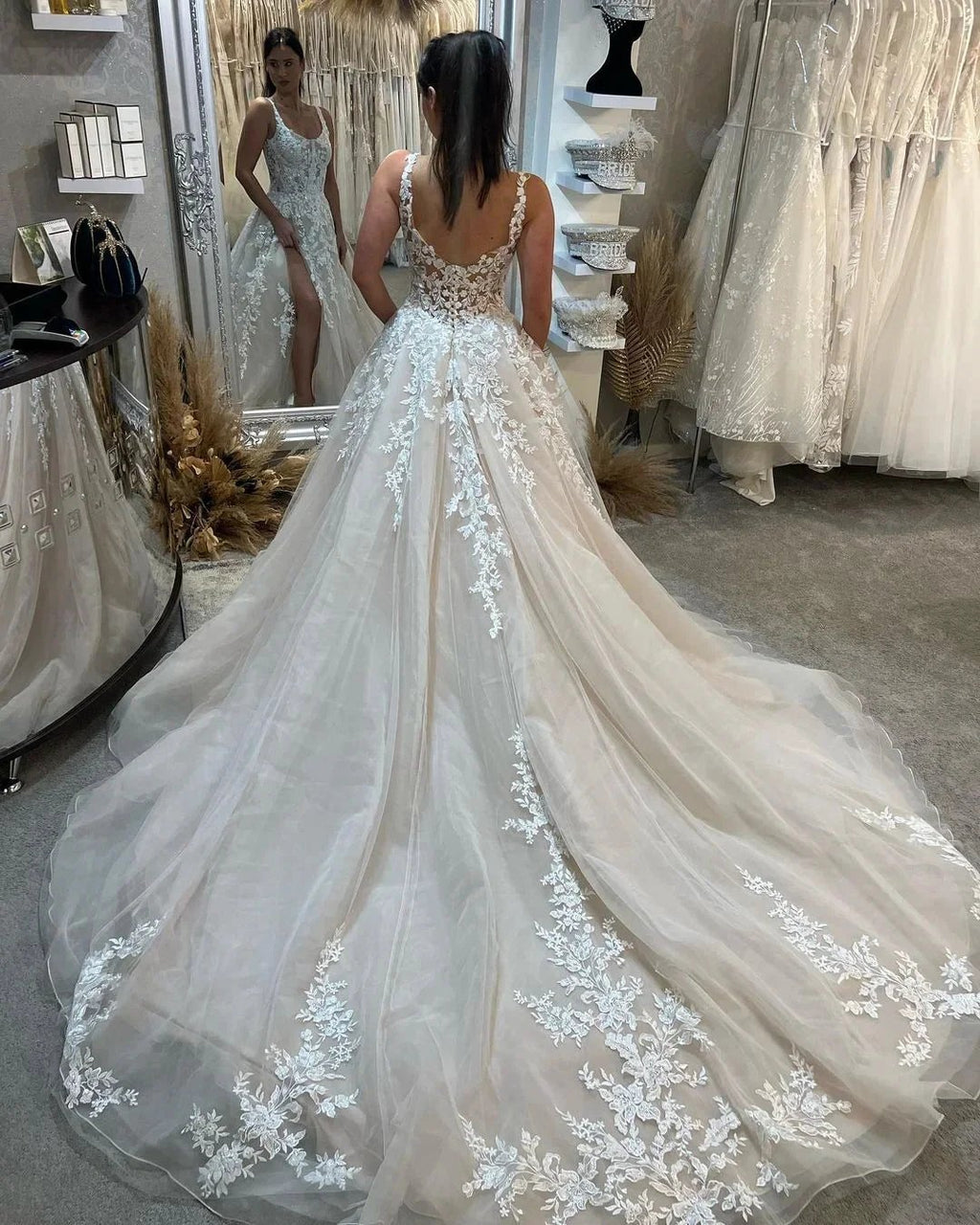 Beautiful Floor Length Sleeveless Straps A-Line Lace Wedding Dress with Split by misshow.com