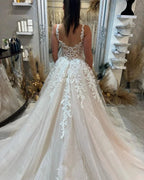 Beautiful Floor Length Sleeveless Straps A-Line Lace Wedding Dress with Split by misshow.com