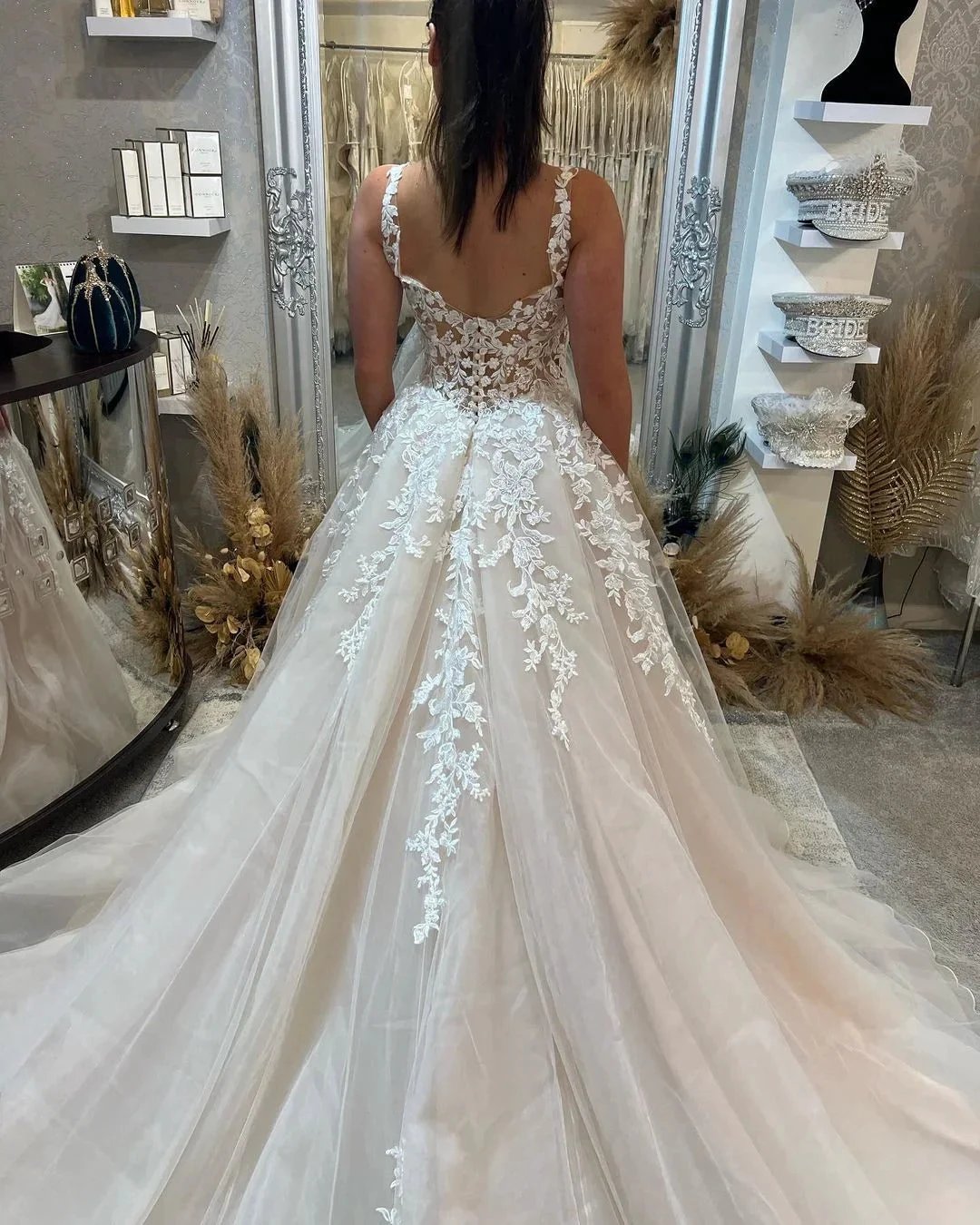 Beautiful Floor Length Sleeveless Straps A-Line Lace Wedding Dress with Split by misshow.com