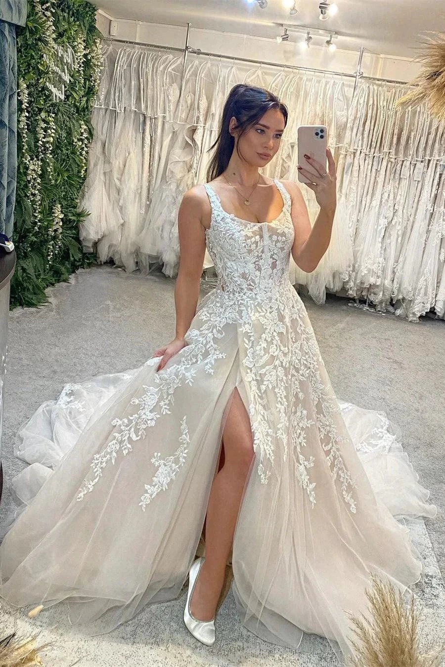 Beautiful Floor Length Sleeveless Straps A-Line Lace Wedding Dress with Split by misshow.com