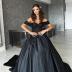 Beautiful Floor Length Sweetheart Off-The-Shoulder A-Line Satin Black Prom Dress with Beads by misshow.com