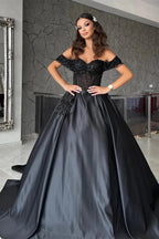 Beautiful Floor Length Sweetheart Off-The-Shoulder A-Line Satin Black Prom Dress with Beads by misshow.com