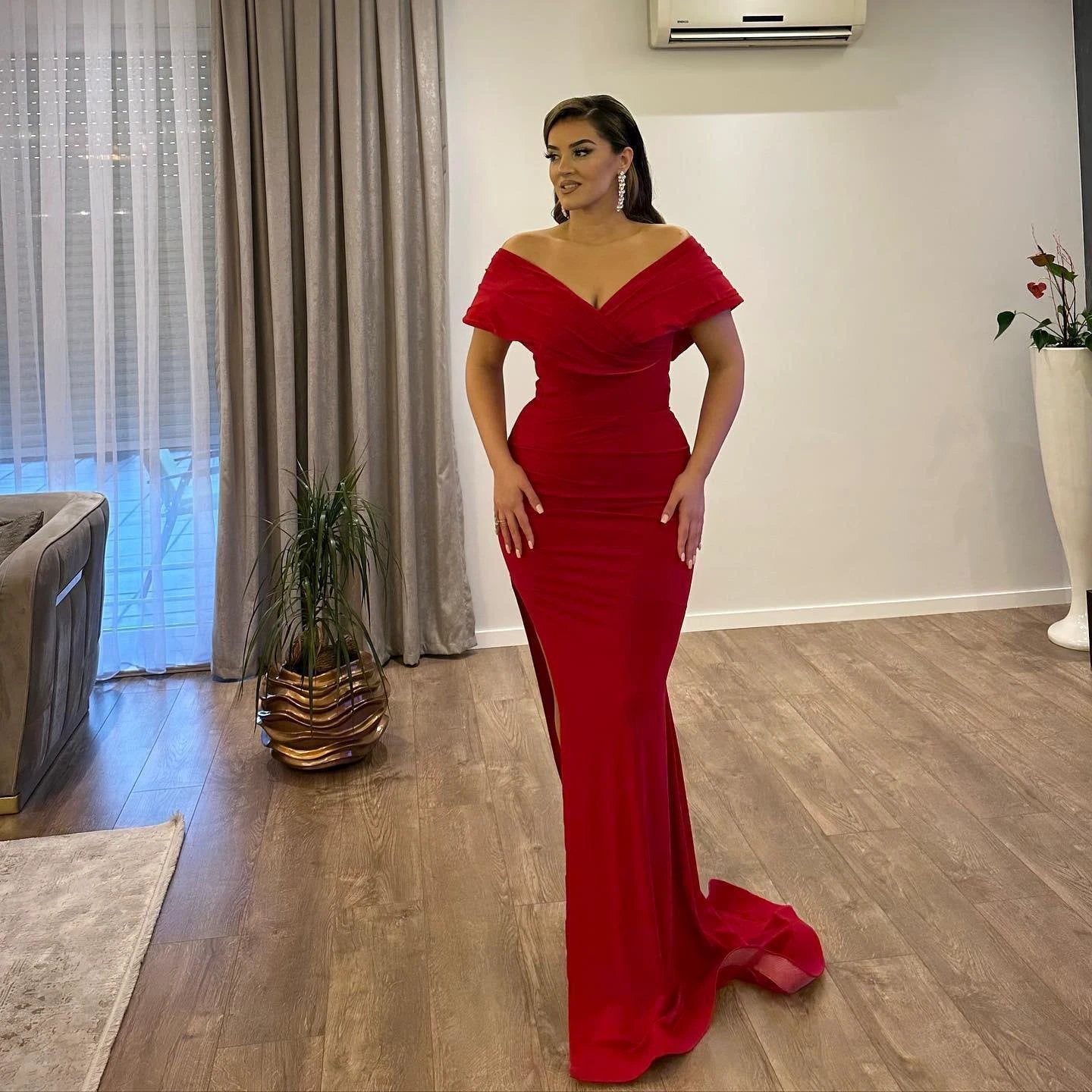Beautiful Floor Length V-Neck Off-The-Shoulder Mermaid Ruby Prom Dress with Split by misshow.com