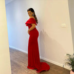Beautiful Floor Length V-Neck Off-The-Shoulder Mermaid Ruby Prom Dress with Split by misshow.com