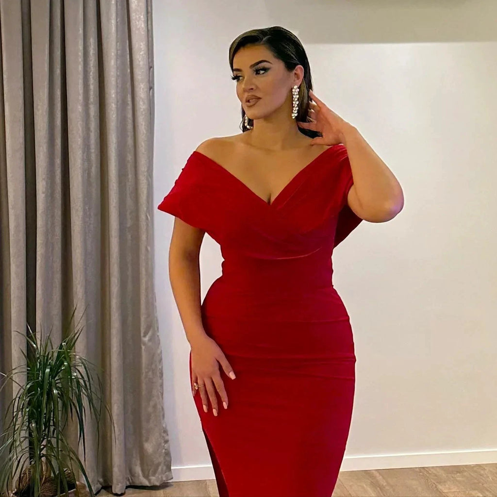 Beautiful Floor Length V-Neck Off-The-Shoulder Mermaid Ruby Prom Dress with Split by misshow.com