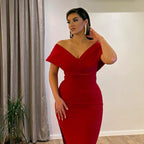 Beautiful Floor Length V-Neck Off-The-Shoulder Mermaid Ruby Prom Dress with Split by misshow.com