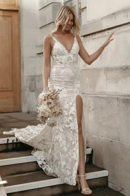 Beautiful Floral Lace Mermaid Sleeveless V-Neck Side Slit Wedding Dress Hover Image