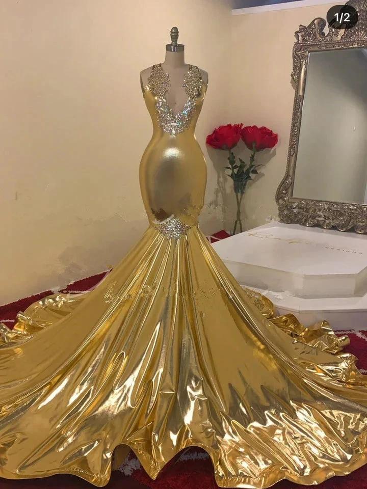 Beautiful Gold Beading V-neck Sleeveless Floor-length Mermaid Prom Dresses by misshow.com