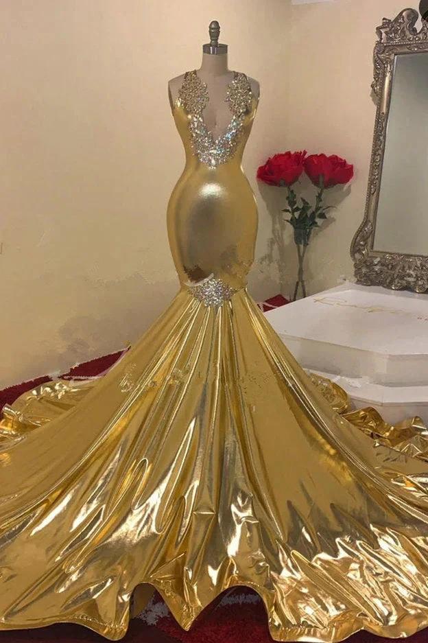 Beautiful Gold Beading V-neck Sleeveless Floor-length Mermaid Prom Dresses by misshow.com