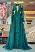 Beautiful Green A-line Long Sleeves High Neck Prom Dress With Lace by misshow.com