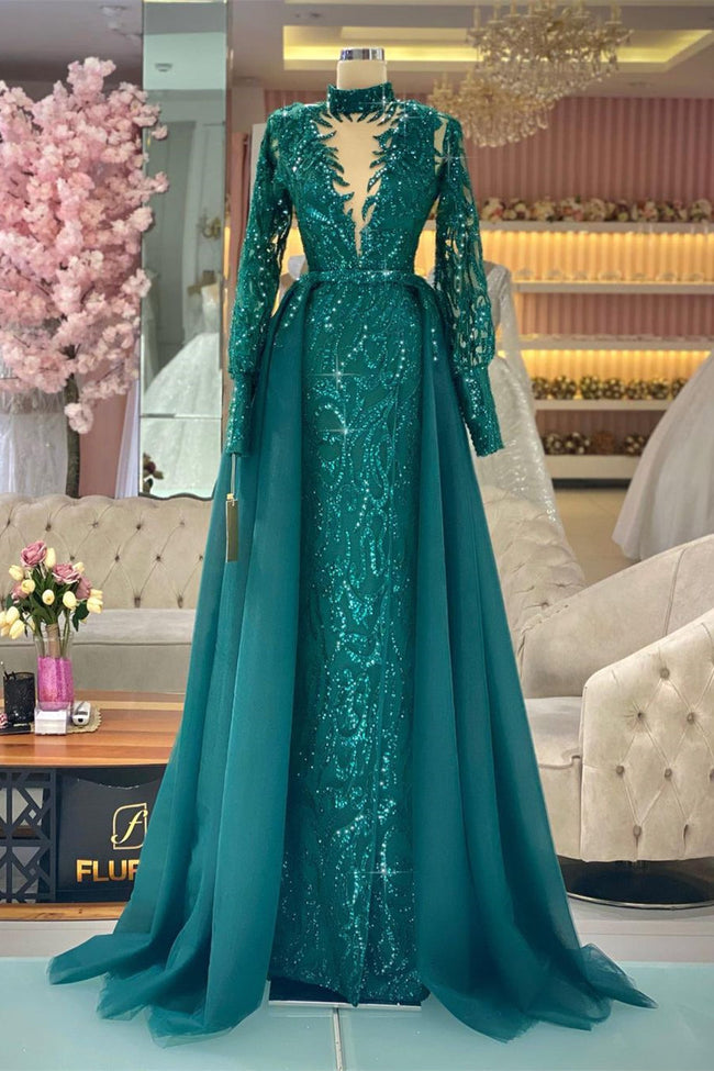 Beautiful Green A-line Long Sleeves High Neck Prom Dress With Lace Hover Image