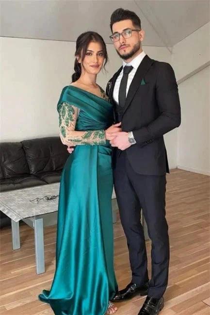 Beautiful Green Long Beading Long Sleeves Prom Dress With Slit by misshow.com