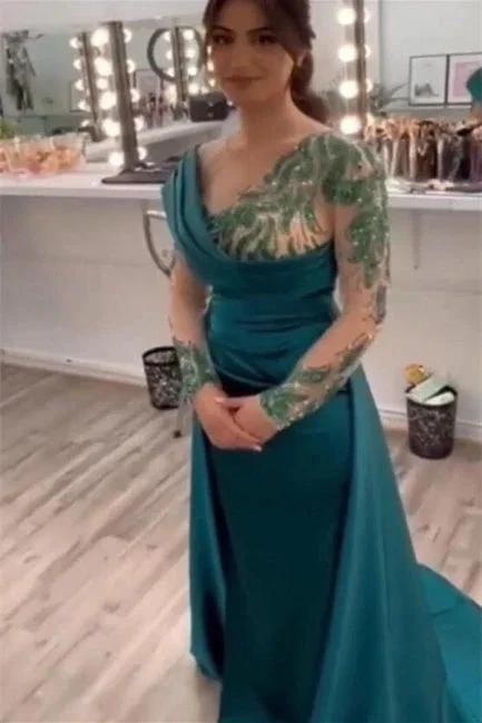 Beautiful Green Long Beading Long Sleeves Prom Dress With Slit by misshow.com