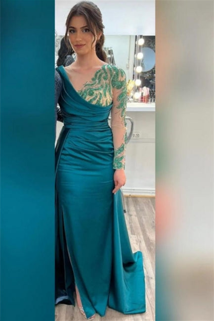 Beautiful Green Long Beading Long Sleeves Prom Dress With Slit Hover Image