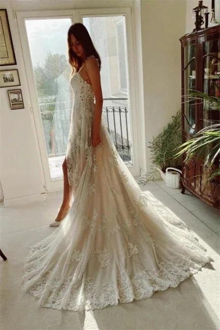 Beautiful Ivory A-Line Lace Wedding Dresses With Slit by misshow.com