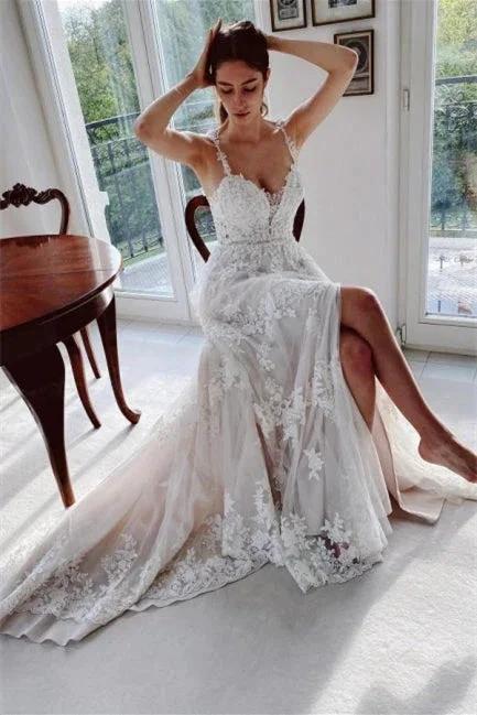 Beautiful Ivory A-Line Lace Wedding Dresses With Slit by misshow.com