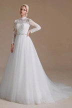 Beautiful Jewel Long-Sleeve A-Line Floor-Length Wedding Dresses with Pattern by misshow.com
