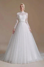 Beautiful Jewel Long-Sleeve A-Line Floor-Length Wedding Dresses with Pattern by misshow.com