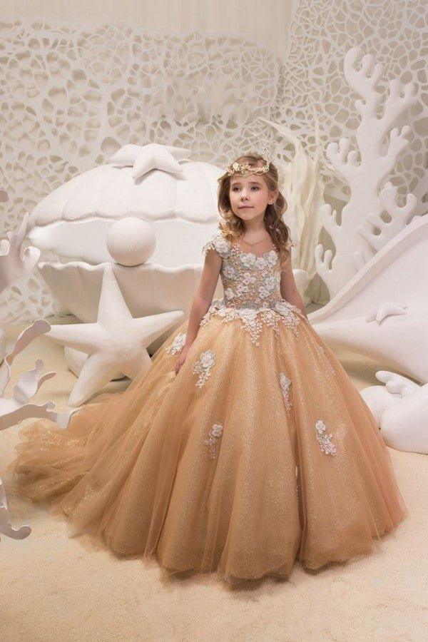 Beautiful Long A-line Bateau Appliques Lace Sequins Tulle Train Flower Girl D… - photo 1