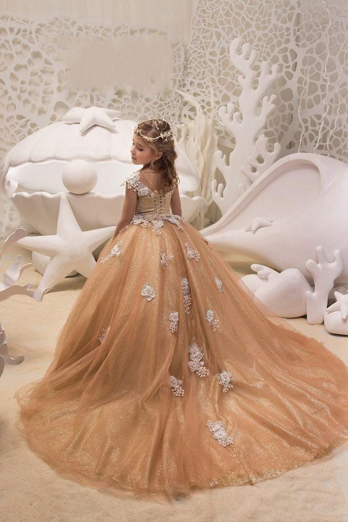 Beautiful Long A-line Bateau Appliques Lace Sequins Tulle Train Flower Girl D… - photo 2