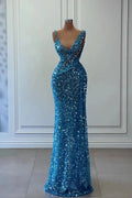 Beautiful Long A-line Blue V-neck Sequined Sleeveless Prom Dress by misshow.com