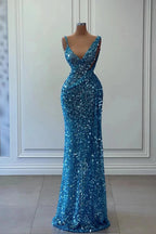 Beautiful Long A-line Blue V-neck Sequined Sleeveless Prom Dress by misshow.com