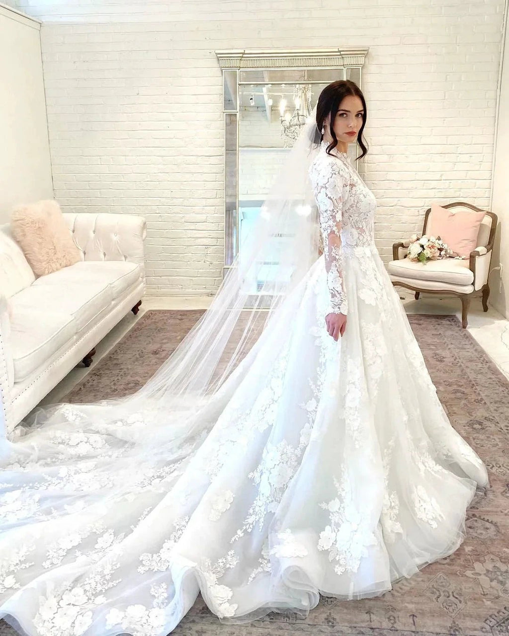 Beautiful Long A-line High Neck Lace Open Back Wedding Dress with Sleeves by BIZTUNNEL