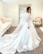 Beautiful Long A-line High Neck Lace Open Back Wedding Dress with Sleeves by BIZTUNNEL
