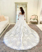 Beautiful Long A-line High Neck Lace Open Back Wedding Dress with Sleeves by BIZTUNNEL