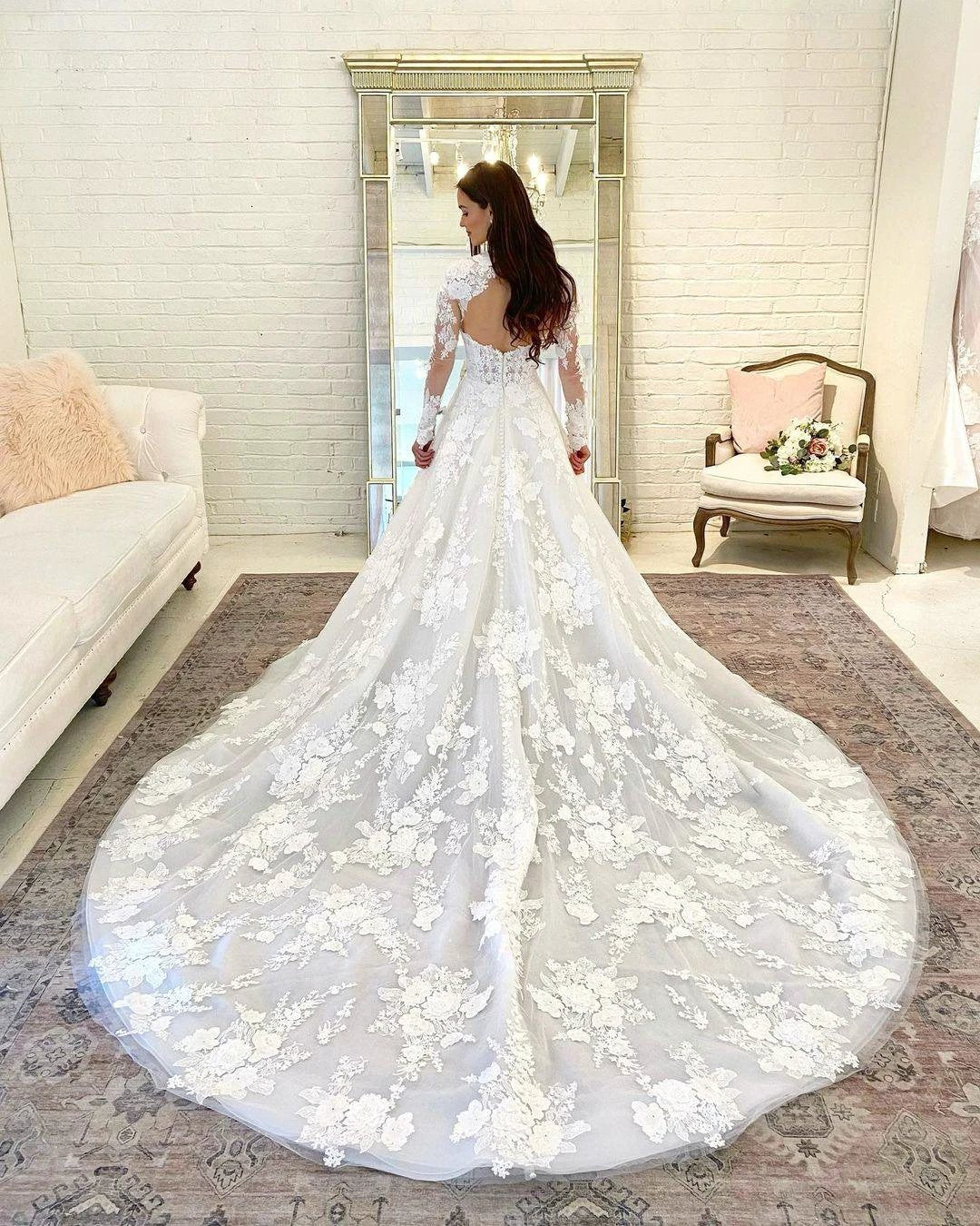 Beautiful Long A-line High Neck Lace Open Back Wedding Dress with Sleeves by BIZTUNNEL