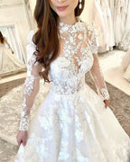 Beautiful Long A-line High Neck Lace Open Back Wedding Dress with Sleeves by BIZTUNNEL