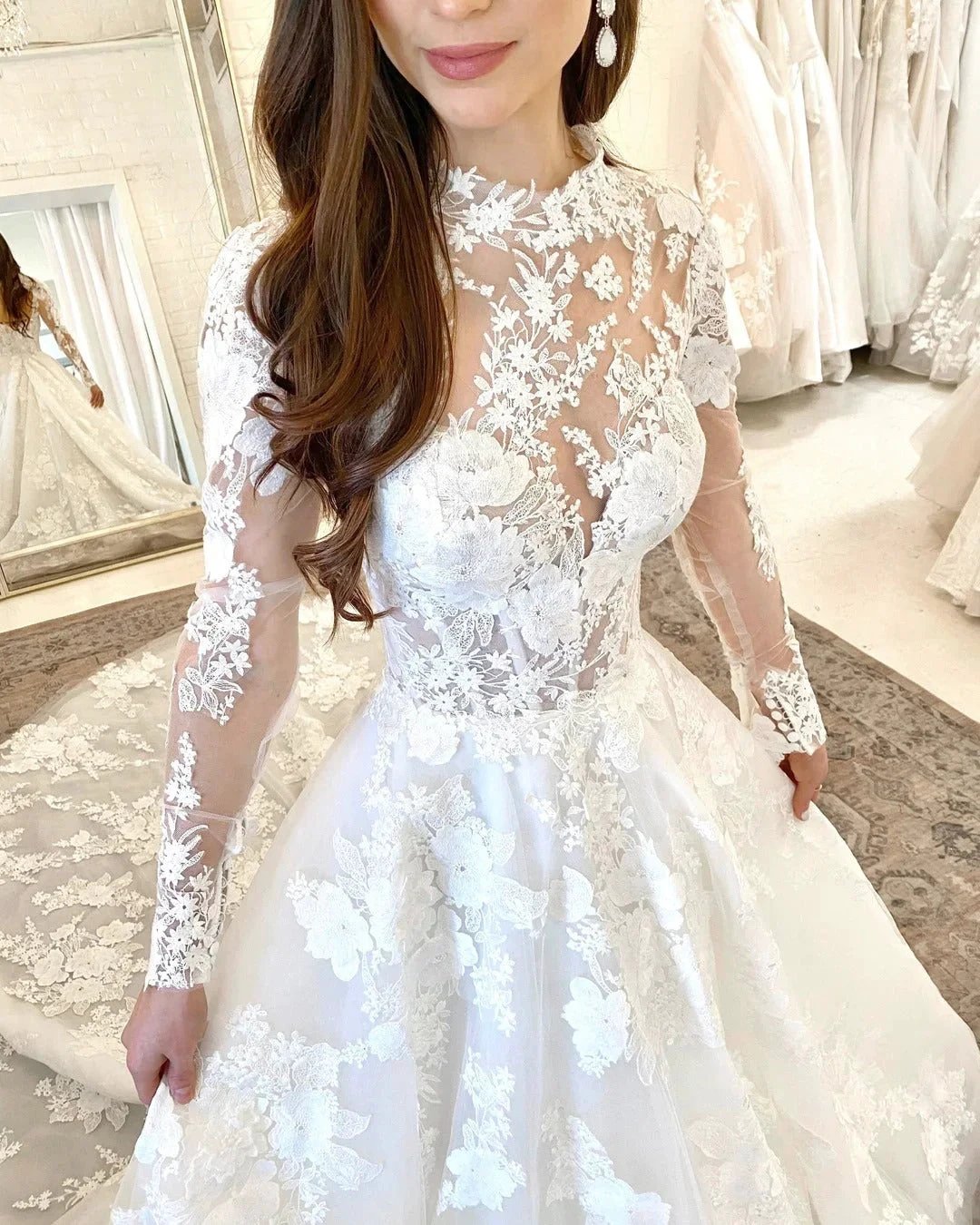 Beautiful Long A-line High Neck Lace Open Back Wedding Dress with Sleeves by BIZTUNNEL