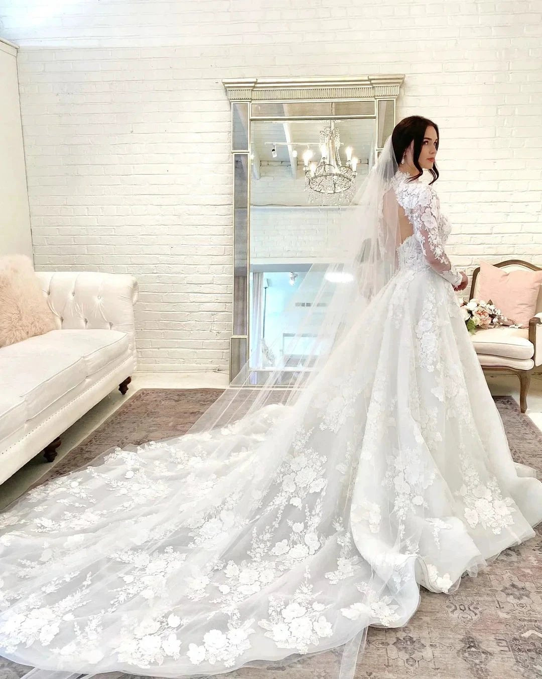 Beautiful Long A-line High Neck Lace Open Back Wedding Dress with Sleeves by BIZTUNNEL