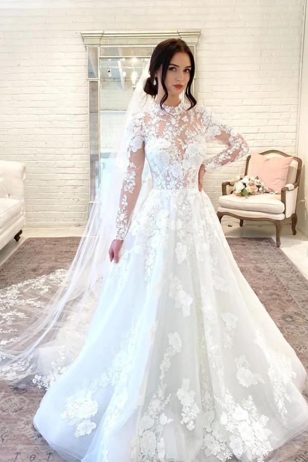 Beautiful Long A-line High Neck Lace Open Back Wedding Dress with Sleeves by BIZTUNNEL