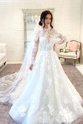 Beautiful Long A-line High Neck Lace Open Back Wedding Dress with Sleeves by BIZTUNNEL
